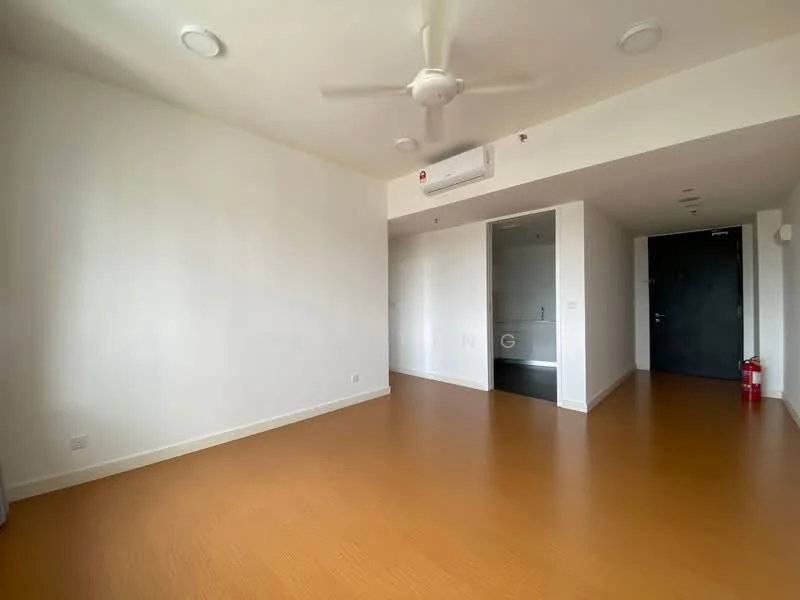 Room features: white painted walls, wooden flooring, 5-blade ceiling fan, wall-mounted split AC, doorway leading to another room, fire extinguisher, recessed lighting, large window, neutral color scheme; style: modern.