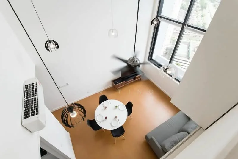 Living features: high ceiling, large floor-to-ceiling windows, grey fabric sofa, round dining table, 4 black dining chairs, wooden TV console, ceiling fan, 2 pendant lights, air conditioning unit, light brown flooring; style: modern; view: city.