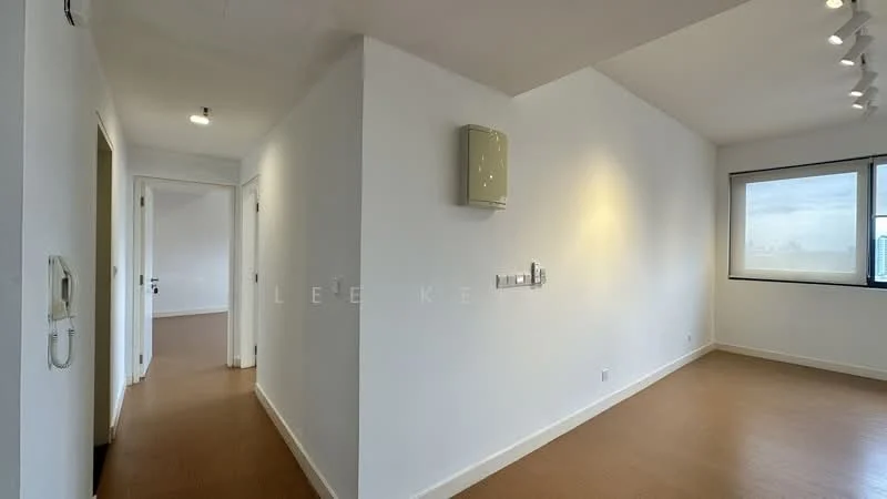 Room features: white painted walls, laminate flooring, 1 wall-mounted split AC, recessed LED downlights, floor-to-ceiling window, doorway leading to another room, light switch, intercom panel; style: modern; view: city.