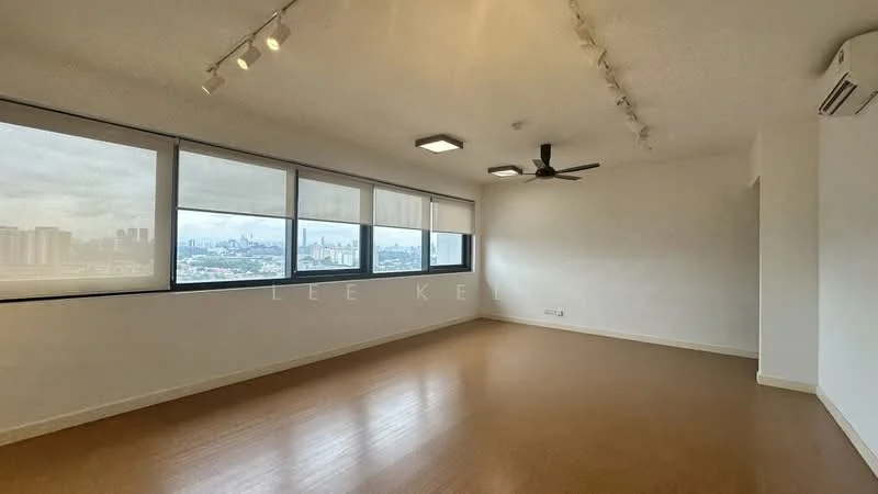 Living features: laminate flooring, white painted walls, ceiling fan, recessed downlights, floor-to-ceiling windows, city view, roller blinds, air conditioning unit; style: modern; view: city.