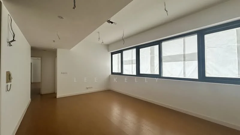 Room features: white painted walls, wooden flooring, floor-to-ceiling windows, multiple window frames, ceiling with exposed wiring, no visible furniture or decor.