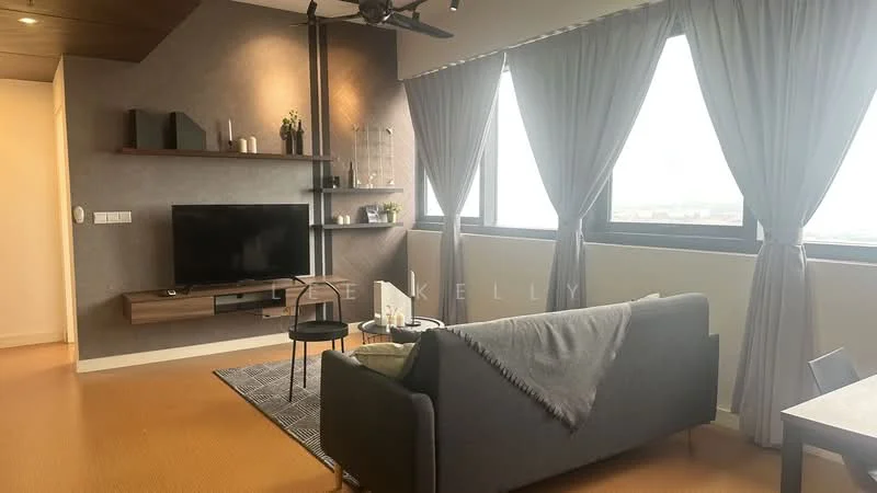 Living features: grey fabric sofa, black coffee table, area rug with geometric pattern, wall-mounted TV, wooden TV console, shelves with decorative items, floor-to-ceiling windows, curtains, ceiling fan with light, accent wall with textured finish, light wood flooring; style: modern; view: city.