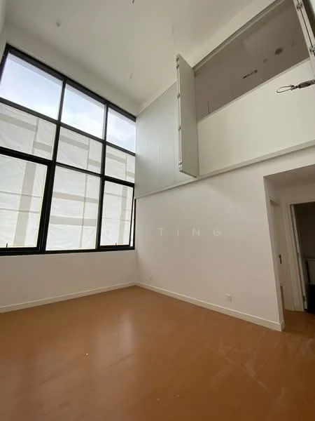 Room features: large floor-to-ceiling windows, white painted walls, light wood flooring, high ceiling, exposed ceiling structure, natural light, minimalist design; style: modern.
