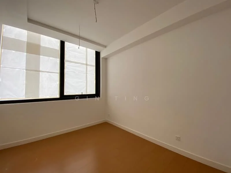 Room features: white painted walls, wooden flooring, floor-to-ceiling windows, natural light from windows, no visible furniture, minimalist design, unfurnished space, ceiling with exposed wiring; style: minimalist.