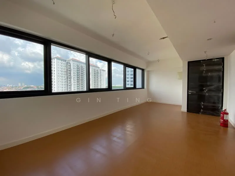 Room features: large floor-to-ceiling windows, white painted walls, light wood laminate flooring, recessed ceiling lights, open layout, fire extinguisher, black door, city view; style: modern; view: city.