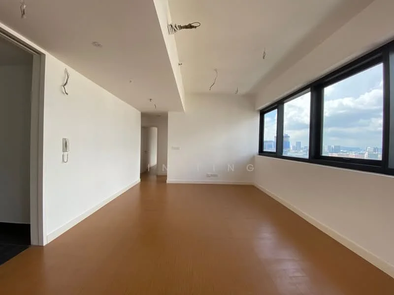 Room features: white painted walls, wooden flooring, large windows, city view, ceiling with exposed wiring, open layout, natural light, no visible furniture; style: modern; view: city.
