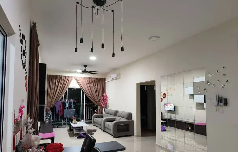 Living features: 3-seater fabric sofa in grey, coffee table, wall-mounted TV, floor-to-ceiling windows, curtains in brown, ceiling fan with light, recessed downlights, decorative wall mirror, decorative wall art, tile flooring, air conditioning unit; style: modern; view: city.