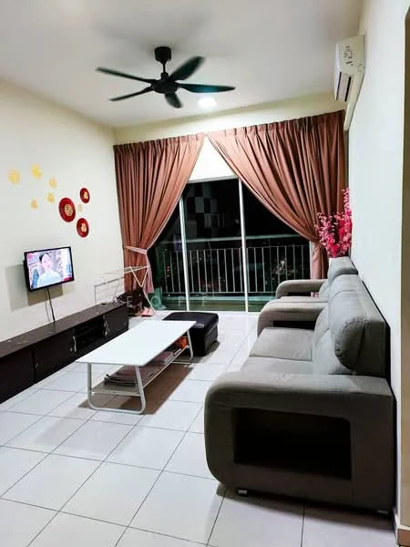 Living features: 3-seater fabric sofa in grey, coffee table, TV console, wall-mounted TV, floor-to-ceiling windows, curtains in brown, ceiling fan, white painted walls, tile flooring, decorative wall art with flowers, potted plants; style: modern; view: city.