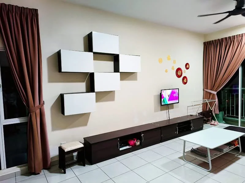 Living features: light beige painted walls, white ceiling, floor-to-ceiling windows, brown wooden TV console, wall-mounted TV, modern wall shelving unit in white, beige floor tiles, brown curtains, decorative wall art, coffee table; style: modern; view: garden.