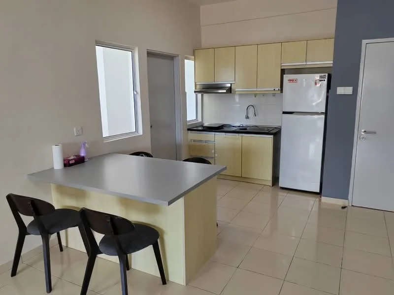 Kitchen features: light wood cabinetry, grey countertop, stainless-steel sink, chrome pull-down faucet, built-in gas stove, exhaust hood, freestanding refrigerator, white tiled backsplash, ceramic tile flooring, 3 black dining chairs, window with natural light, open layout; style: modern.