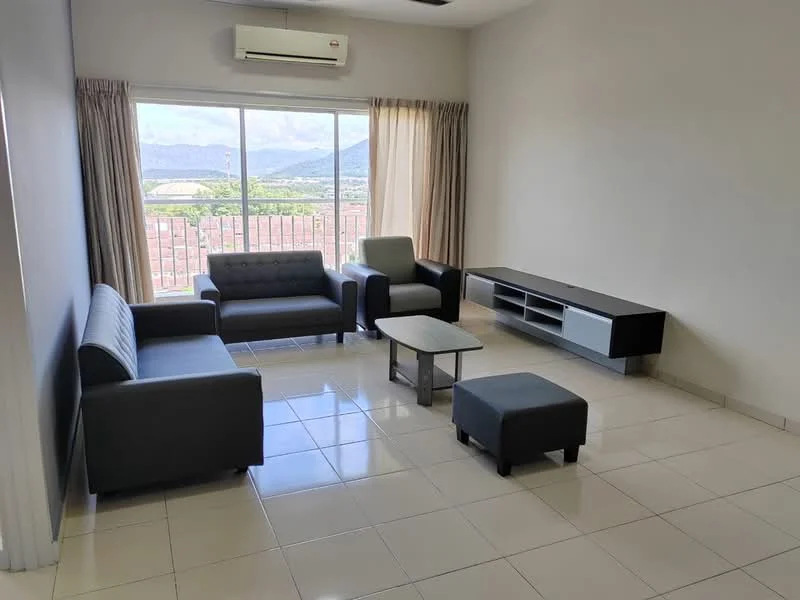 Living features: 3-seater fabric sofa in grey, 2-seater fabric sofa in grey, coffee table with glass top, TV console with storage, floor-to-ceiling windows, curtains, wall-mounted split AC, tile flooring, neutral wall colour, mountain view; style: modern; view: mountain.