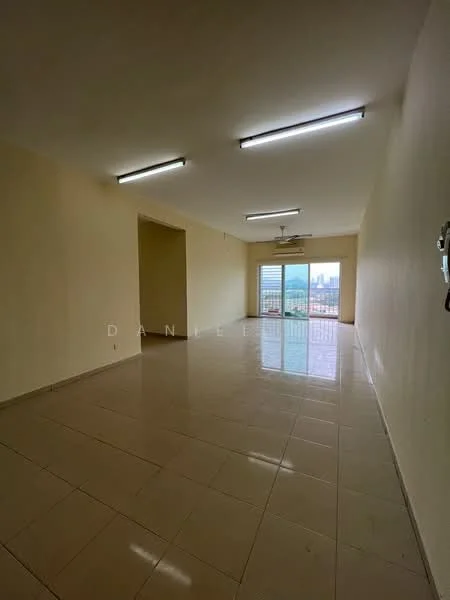 Living features: cream painted walls, glossy ceramic tile flooring, recessed LED downlights, 5-blade ceiling fan, floor-to-ceiling windows, sliding glass door, city view, open layout; style: modern; view: city.