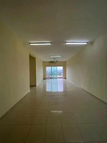 Room features: cream painted walls, glossy tile flooring, recessed ceiling lights, ceiling fan, large glass sliding door, view of outdoor space, neutral color scheme, open layout; style: modern; view: garden.