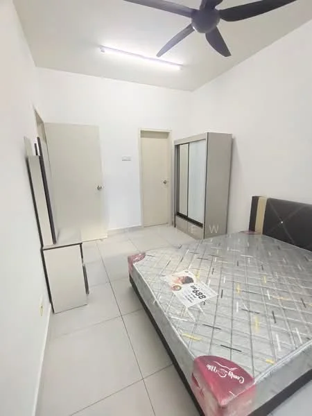 Bedroom features: queen-size bed, upholstered headboard, 2-door wardrobe with mirrored sliding doors, nightstand, ceiling fan, white painted walls, tile flooring, LED ceiling lights; style: modern.