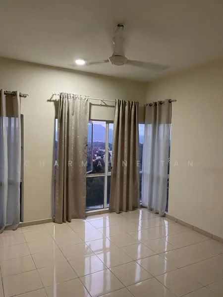Room features: cream painted walls, glossy tile flooring, floor-to-ceiling windows, sheer curtains, curtains in beige, ceiling fan, mountain view; style: modern; view: mountain.