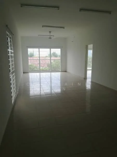 Living features: white painted walls, glossy ceramic tile flooring, 5-blade ceiling fan, floor-to-ceiling windows, sliding glass door, natural light from windows, window treatments with horizontal slats, neutral color scheme; style: modern; view: garden.