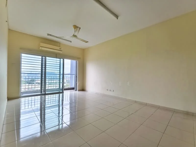 Living features: white painted walls, glossy ceramic tile flooring, 5-blade ceiling fan, wall-mounted split AC, floor-to-ceiling sliding glass door, city view, natural light from large windows, neutral color scheme; style: modern; view: city.