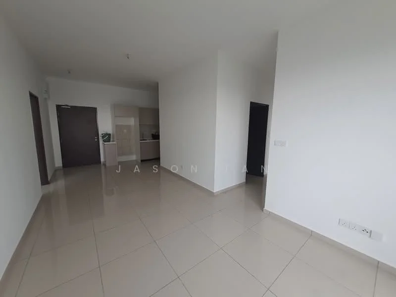 Room features: white painted walls, glossy ceramic tile flooring, recessed downlights, open layout, kitchen cabinetry visible, doorway leading to another room, doorway leading to kitchen area, neutral color scheme; style: modern.