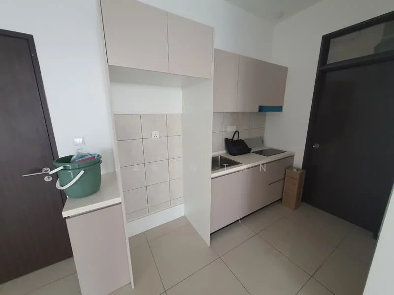 Kitchen features: light beige cabinetry, white countertop, single-bowl stainless-steel sink, chrome pull-down faucet, wall-mounted cabinet, tile backsplash, ceramic tile flooring, built-in kitchen appliances, corner storage unit, neutral wall color, window for natural light; style: modern.