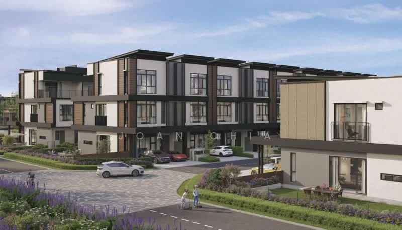 Exterior type: linked terrace house; features: modern facade with a combination of white and dark cladding, multiple storeys, large windows, balconies on upper floors, manicured landscaping with flower beds, paved driveway, car parking spaces visible, surrounding greenery, contemporary architectural design, open-air common area with seating; style: modern.
