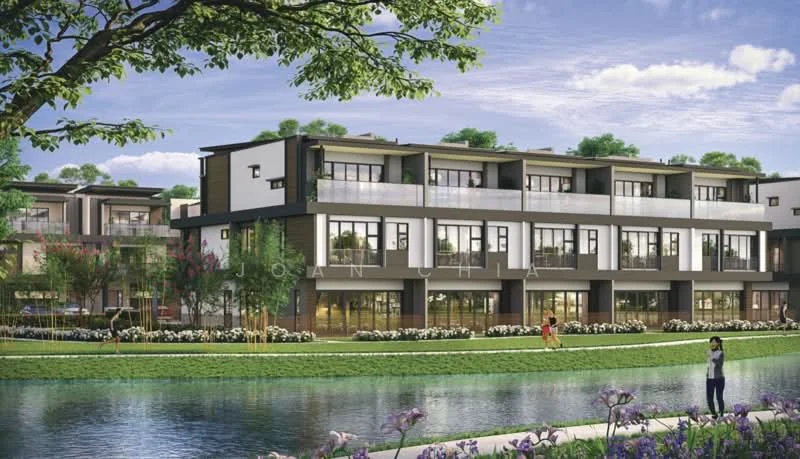 Exterior type: linked terrace house; features: modern facade with large windows, two-storey structure, manicured landscaping, green lawn, flower beds, pathway along the water, waterfront view, trees providing shade, balconies on upper level, outdoor seating area, surrounding greenery; style: modern.