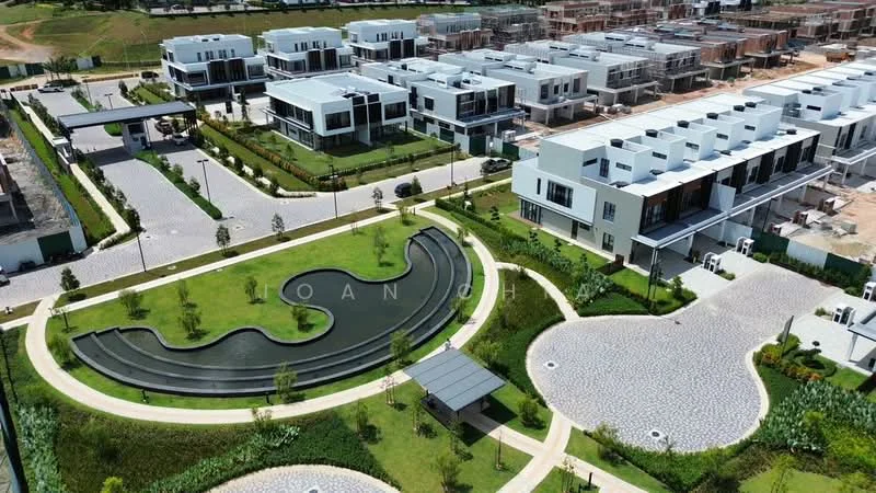 Exterior type: linked terrace house; features: manicured lawn, landscape garden, paved walkways, water feature, outdoor seating area, surrounding greenery, modern architectural design, multiple residential units, driveway access, open space, children's play area; style: modern.