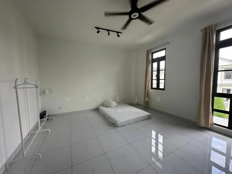 Bedroom features: white painted walls, grey tiled flooring, 5-blade ceiling fan, large windows, curtains, floor-to-ceiling windows, minimalist decor, no furniture; style: minimalist.