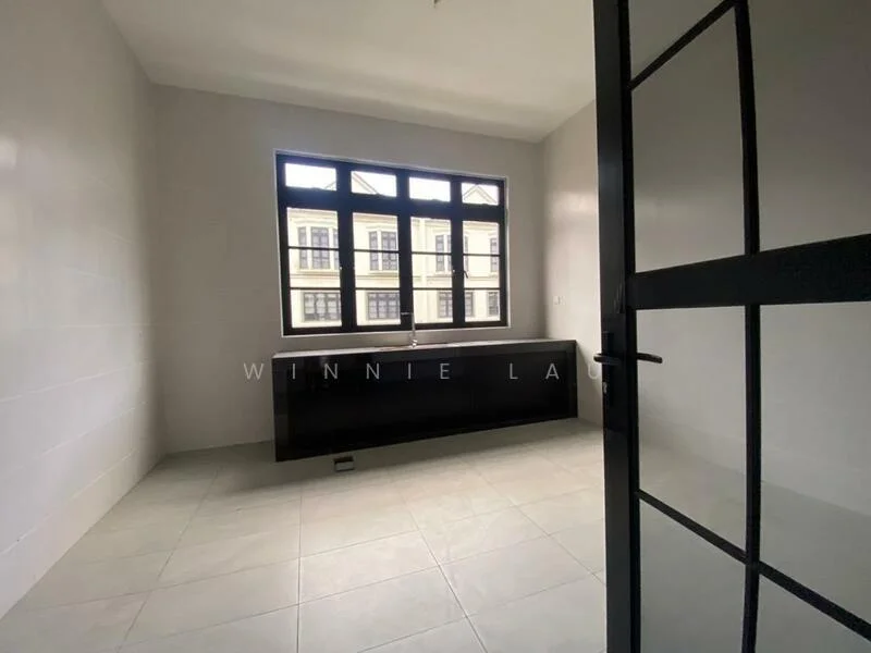 Room features: white painted walls, grey tiled flooring, black countertop, multiple windows with black frames, sink, modern cabinetry, no visible appliances, minimalist design; style: modern.