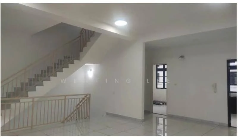 Room features: white painted walls, glossy tile flooring, staircase with metal railing, recessed ceiling lights, large windows, doorway leading to another room, light fixture on wall, open layout; style: modern.