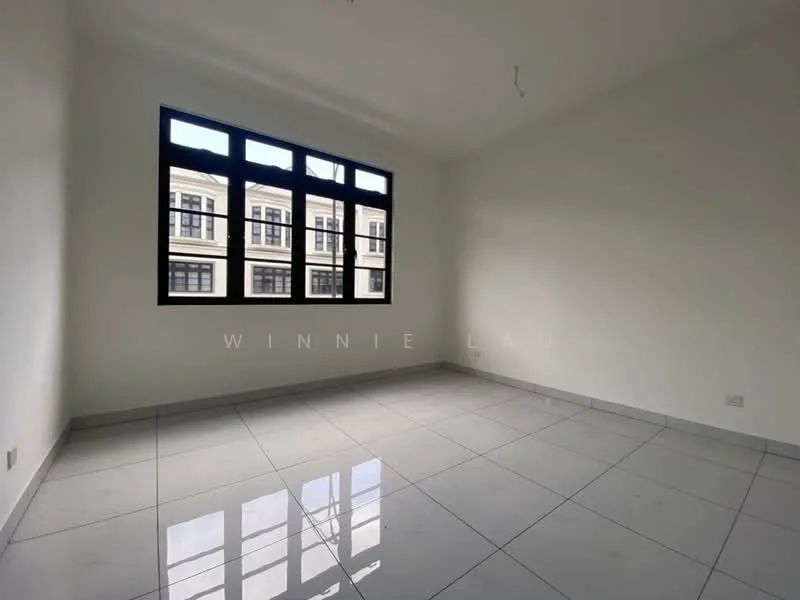 Room features: white painted walls, glossy ceramic tile flooring, large windows with black frames, natural light from windows, no visible furniture, plain ceiling, no visible ceiling fixtures; style: minimalist; view: courtyard.