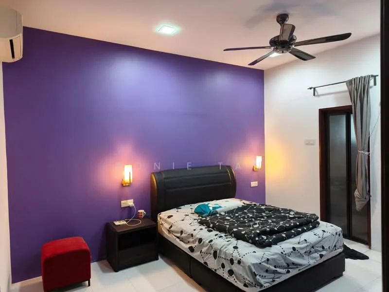 Bedroom features: king-size bed with black leather headboard, black and white polka dot bedding, red upholstered ottoman, nightstand with lamp, purple accent wall, white painted walls, ceiling fan with light, wall-mounted air conditioning unit, curtains on window, floor tiles; style: modern.