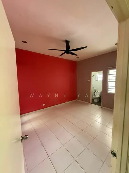 Room features: red accent wall, light grey painted walls, white tiled flooring, 5-blade ceiling fan, window with horizontal blinds, door leading to bathroom, recessed lighting; style: modern.