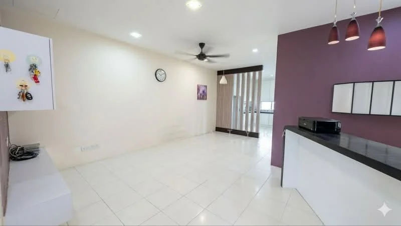 Living features: white painted walls, purple accent wall, glossy white tile flooring, 5-blade ceiling fan with light, recessed downlights, wall clock, decorative artwork, open layout, sliding glass door, black countertop, built-in cabinetry; style: modern.