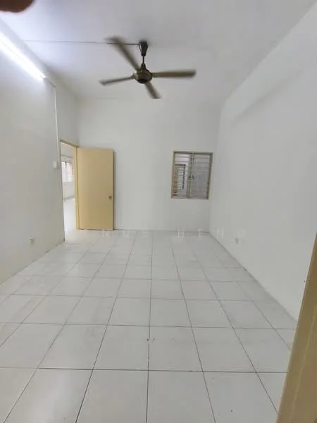 Room features: white painted walls, white tiled flooring, ceiling fan, window with grille, door leading to another room, natural light from window, high ceiling, empty space.