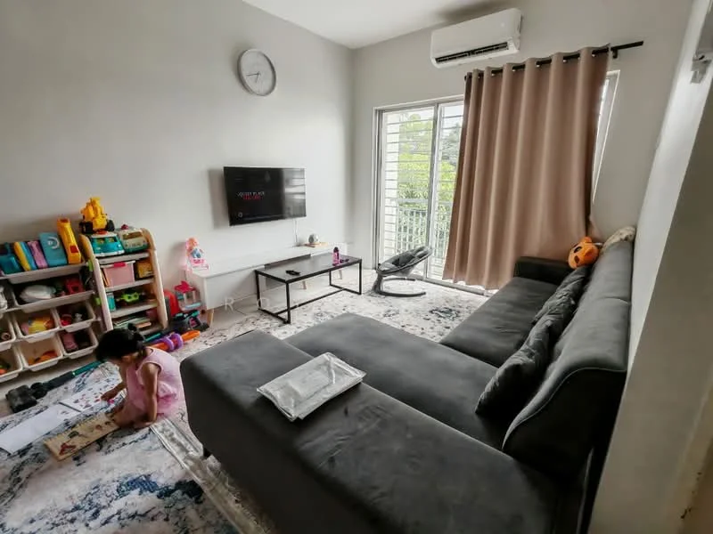 Living features: grey fabric sectional sofa, black coffee table, wall-mounted TV, white painted walls, light grey curtains, air conditioning unit, clock on wall, area rug with geometric pattern, children's toy storage unit, floor-to-ceiling windows, decorative wall art; style: modern; view: garden.