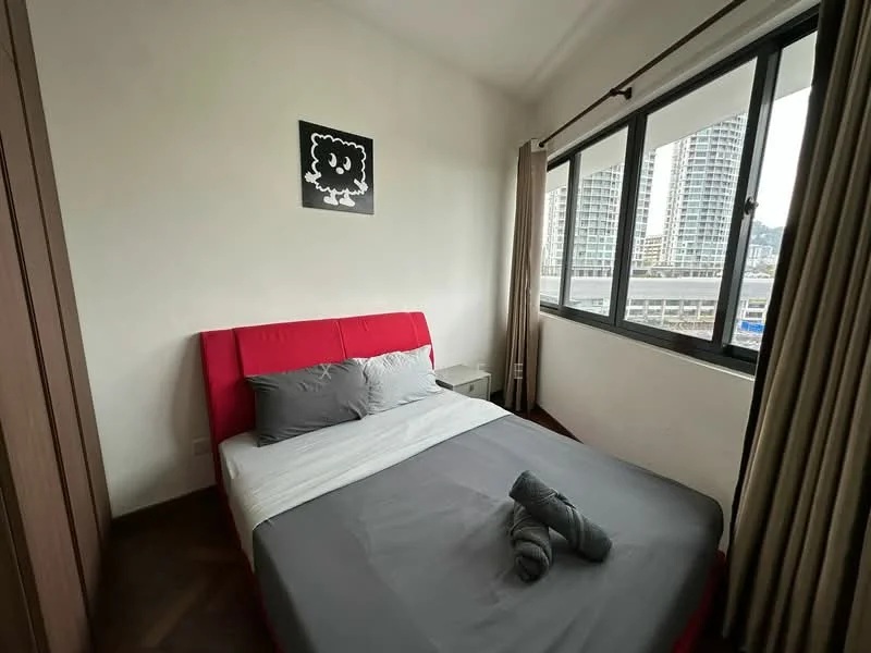 Bedroom features: queen-size bed with red and grey bedding, upholstered headboard, two bedside tables, floor-to-ceiling windows, curtains, wooden flooring, decorative wall art, city view; style: modern; view: city.