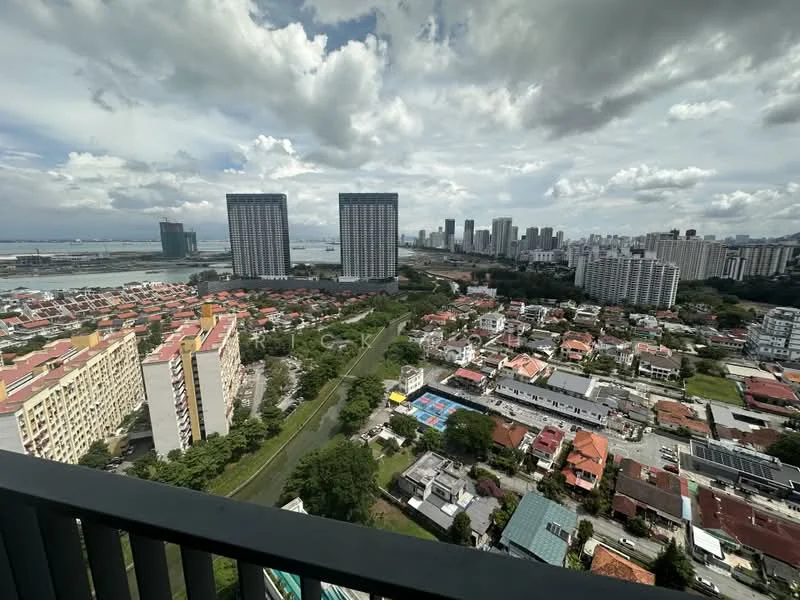 Exterior type: high-rise condominium; features: city skyline view, surrounded by residential buildings, waterfront view, greenery along the canal, mixed-use development, high-rise buildings in the background, low-rise residential buildings in the foreground; style: modern.