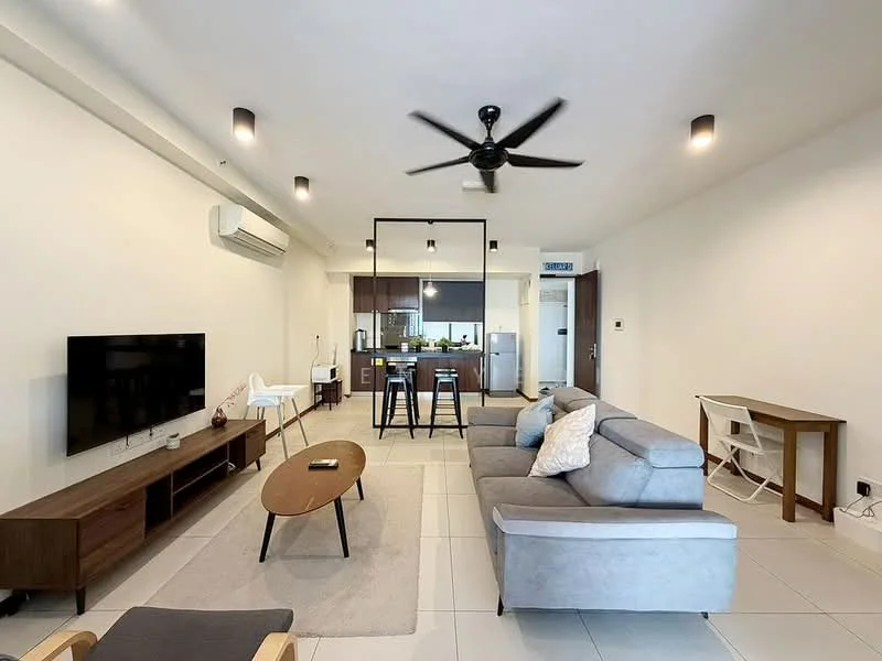 Living features: grey fabric L-shape sectional sofa, wooden coffee table, wall-mounted TV, TV console, 5-blade ceiling fan with light, recessed LED downlights, white painted walls, tile flooring, air conditioning unit, decorative throw pillow, area rug, dining table with white chairs, kitchen counter visible in background; style: modern.