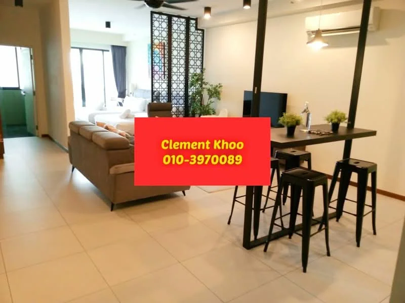 Living features: grey fabric sofa, black metal coffee table, 4 black metal bar stools, wall-mounted TV, ceiling fan, recessed downlights, large windows with sheer curtains, tile flooring, decorative screen partition, indoor plants; style: modern. Room features: white walls, air conditioning unit.
