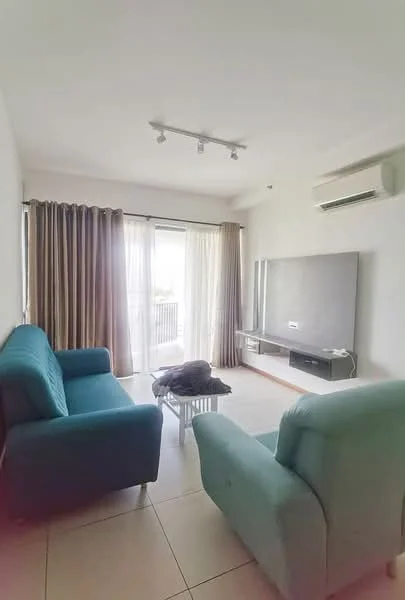 Living features: 2-seater fabric sofa in teal, 3-seater fabric sofa in teal, coffee table, wall-mounted TV, TV console, floor-to-ceiling windows, sheer curtains, recessed downlights, 1 wall-mounted split AC, light-coloured tiled flooring, decorative wall panel, area rug; style: modern; view: city.