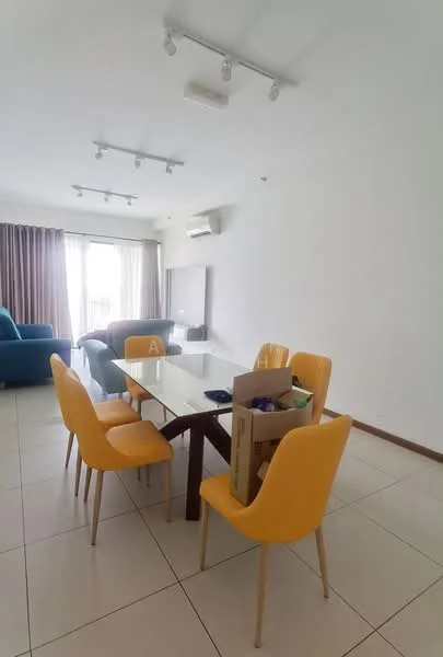 Living features: white painted walls, tile flooring, recessed downlights, floor-to-ceiling windows, sheer curtains, sofa in teal, dining table with glass top, yellow dining chairs, air conditioning unit, TV console, box on the dining table; style: modern.