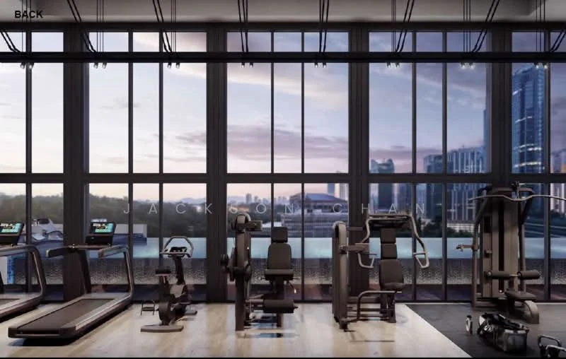 Room features: large floor-to-ceiling windows, city skyline view, gym equipment including treadmills, weight machines, exercise bikes, wooden flooring, high ceilings with exposed beams, modern lighting fixtures; style: modern; view: city.