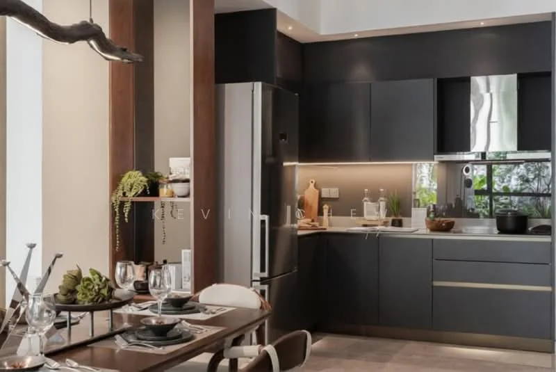 Kitchen features: stainless-steel fridge, black cabinetry, white countertop, built-in oven, stainless-steel sink, chrome pull-down faucet, recessed downlights, wooden dining table, upholstered dining chairs, decorative plants, table setting with glassware, open shelving, wall-mounted cabinets; style: modern.
