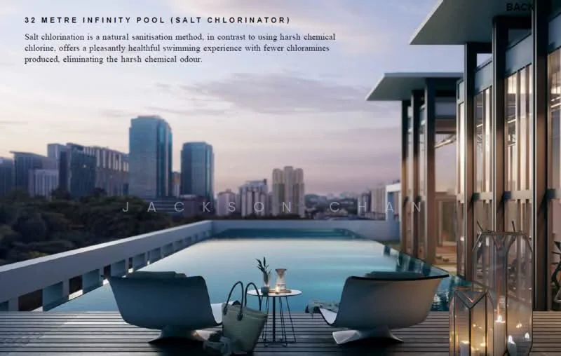 Exterior type: swimming pool deck; features: 32 metre infinity pool, salt chlorinator, poolside loungers, city skyline view, glass railing, modern architecture, outdoor seating area, landscaped surroundings; style: modern.