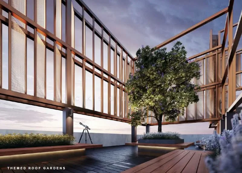 Exterior type: rooftop garden; features: wooden decking, decorative wooden trellis, landscaped garden area, seating benches, large tree, telescope, ambient lighting, open sky view; style: modern.