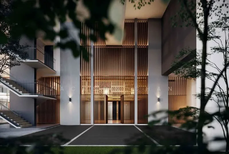 Exterior type: low-rise apartment block; features: wooden slatted facade, glass entrance doors, exposed concrete walls, landscaped greenery, outdoor lighting fixtures, staircase with metal railing, paved driveway, feature lighting at entrance; style: modern.