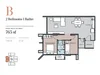 Floor plan: 2-bedroom 1-bathroom unit; features: open-plan kitchen-dining-living, master bedroom with ensuite bathroom, all bedrooms with windows, utility room, central foyer, 1 car porch, 1,073 sqft built-up.