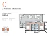 Floor plan: 2-bedroom 2-bathroom unit; features: open-plan kitchen-dining-living, master bedroom with ensuite bathroom, bedroom 2 with shared bathroom, balcony off living room, utility room, laundry area, central foyer.