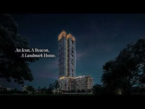 Exterior type: high-rise condominium; features: glass curtain wall, illuminated facade, recessed balconies, vertical fins, landscaped surroundings, night lighting, modern architectural design; style: modern.