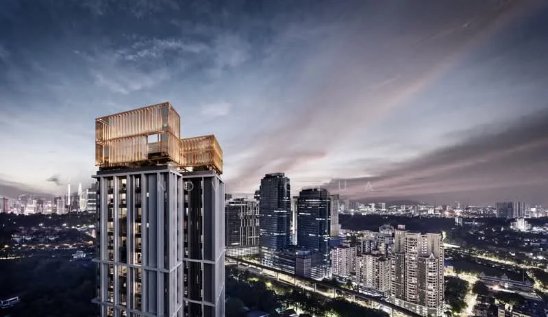 Exterior type: high-rise condominium; features: glass curtain wall, projecting balconies, feature lighting at night, approximately 30-storey high-rise, surrounded by city skyline, urban context with surrounding buildings; style: modern.